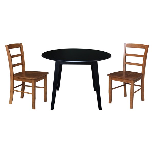 International Concepts 42 in. Solid Wood Round Dual Drop Leaf Dining Table with 2 Chairs in Black/Distressed Oak K46-42DL-C42-2-2 - main